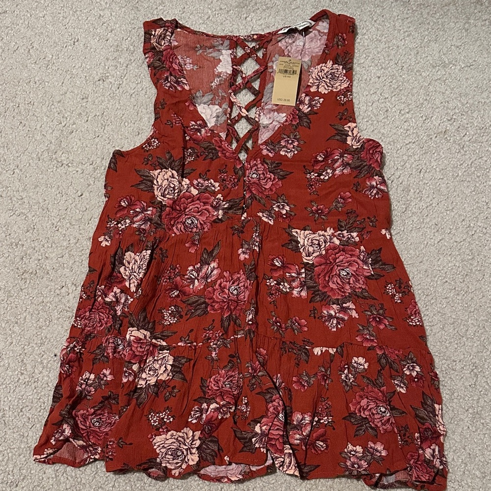American Eagle Outfitters Floral Lace-Up Blouse - Deep Orange and Pink